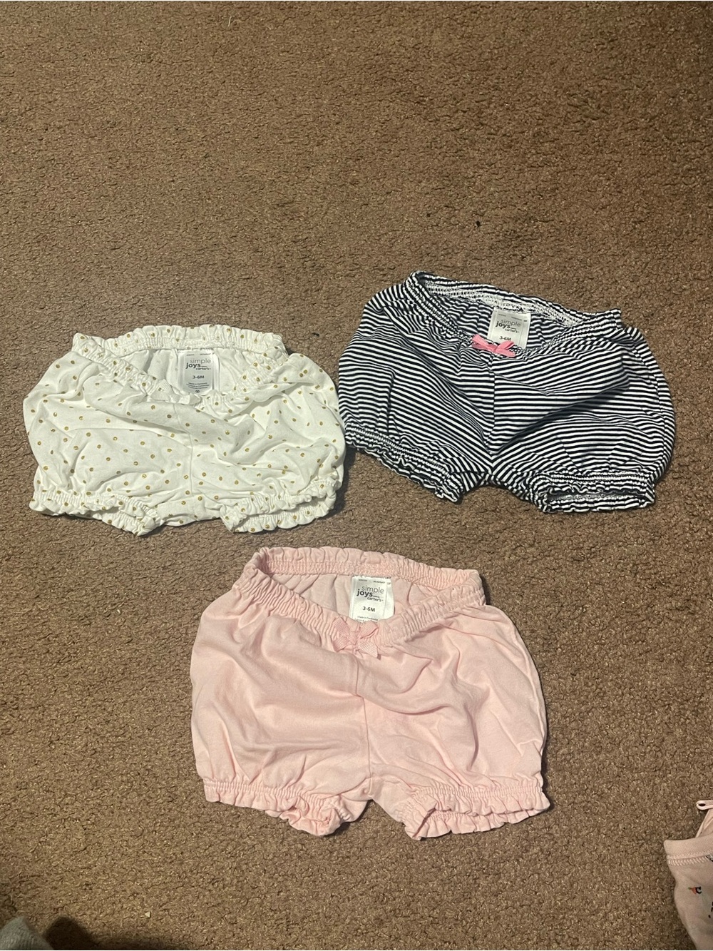 Joyful Baby Girls' 3-Pack Bloomers — Pink, White with Gold Dots & Navy Stripe